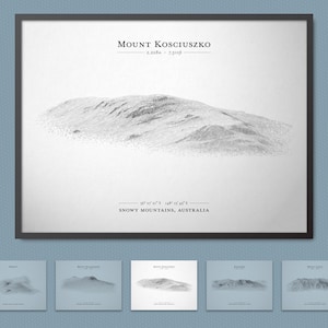 Cartaz de esboço de relevo do Monte Kosciuszko (pico mais alto da Austrália e um dos sete cumes) | Arte de parede de mapa de terreno com opção de moldura