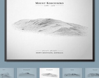 May include: A black and white line drawing of Mount Kosciuszko, the highest mountain in Australia, located in the Snowy Mountains. The drawing shows the mountain's peak and surrounding terrain. The text "MOUNT KOSCIUSZKO 2,228m 7,310ft 36° 27' 21.5" S 148° 15' 49" E SNOWY MOUNTAINS, AUSTRALIA" is included in the image.