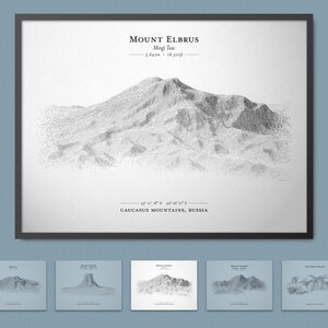 Cartaz de esboço de relevo do Monte Elbrus (ponto mais alto da Europa) | Arte de parede de mapa de terreno com opção de moldura