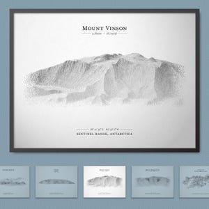 Poster de croquis du relief du mont Vinson (point le plus élevé de l'Antarctique) | Décoration murale de carte du terrain avec option de cadre