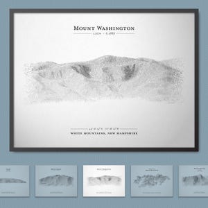 Cartaz de esboço de relevo do Monte Washington (pico mais alto do nordeste dos EUA e White Mountains) | Arte de parede de mapa de terreno com opção de moldura