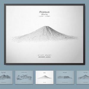 Cartaz de esboço do relevo do Monte Fuji / Fujisan (ponto mais alto do Japão) | Arte de parede de mapa de terreno com opção de moldura