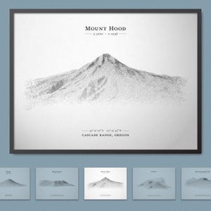 Cartaz de esboço de relevo do Monte Hood (vulcão Cascade Range) | Arte de parede de mapa de terreno com opção de moldura