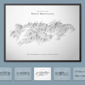 Cartaz de esboço de paisagem das montanhas brancas centrais (New Hampshire e Maine, Presidential Range) | Arte de parede de mapa de terreno com opção de moldura
