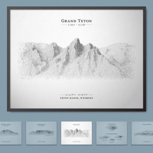 Poster de croquis du relief de Grand Teton (parc national emblématique) | Décoration murale de carte du terrain avec option de cadre