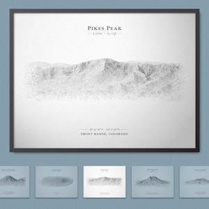 Pôster de esboço de relevo de Pikes Peak (Colorado Fourteener) | Arte de parede de mapa de terreno com opção de moldura
