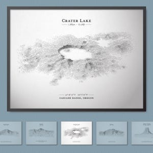 Cartaz com esboço do relevo do Lago Crater (Parque Nacional) | Arte de parede com mapa de terreno e opção de moldura