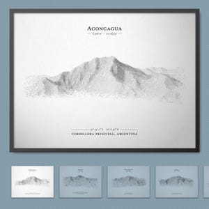 Cartaz de esboço de relevo do Aconcágua (pico mais alto da América do Sul | Um dos sete cumes) | Arte de parede de mapa de terreno com opção de moldura
