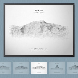 Cartaz de esboço de relevo de Denali (pico mais alto da América do Norte) | Arte de parede de mapa de terreno com opção de moldura