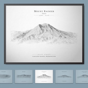 Mount Rainier Landform Sketch poster (Cascade Range Volcano, Washington High Point) | Muurkunst terreinkaart met lijstoptie