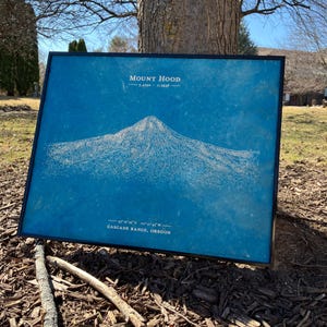 May include: A framed print of Mount Hood, Oregon, against a blue background. The mountain is depicted in white line art, with the text "Mount Hood" and coordinates at the top and bottom. The frame is black.