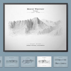 Cartaz de esboço de relevo do Monte Whitney/Tumanguya (pico mais alto da Califórnia e Sierra Nevada) | Arte de parede de mapa de terreno com opção de moldura