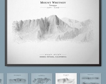 May include: A black and white line drawing of Mount Whitney, the highest peak in the contiguous United States, located in the Sierra Nevada mountain range in California. The drawing shows the mountain's rugged terrain and its elevation of 14,505 feet (4,421 meters). The text "Mount Whitney, Tumanguya, 4,421m - 14,505ft, 36° 34' 43" N, 118° 17' 32" W, Sierra Nevada, California" is included in the drawing.