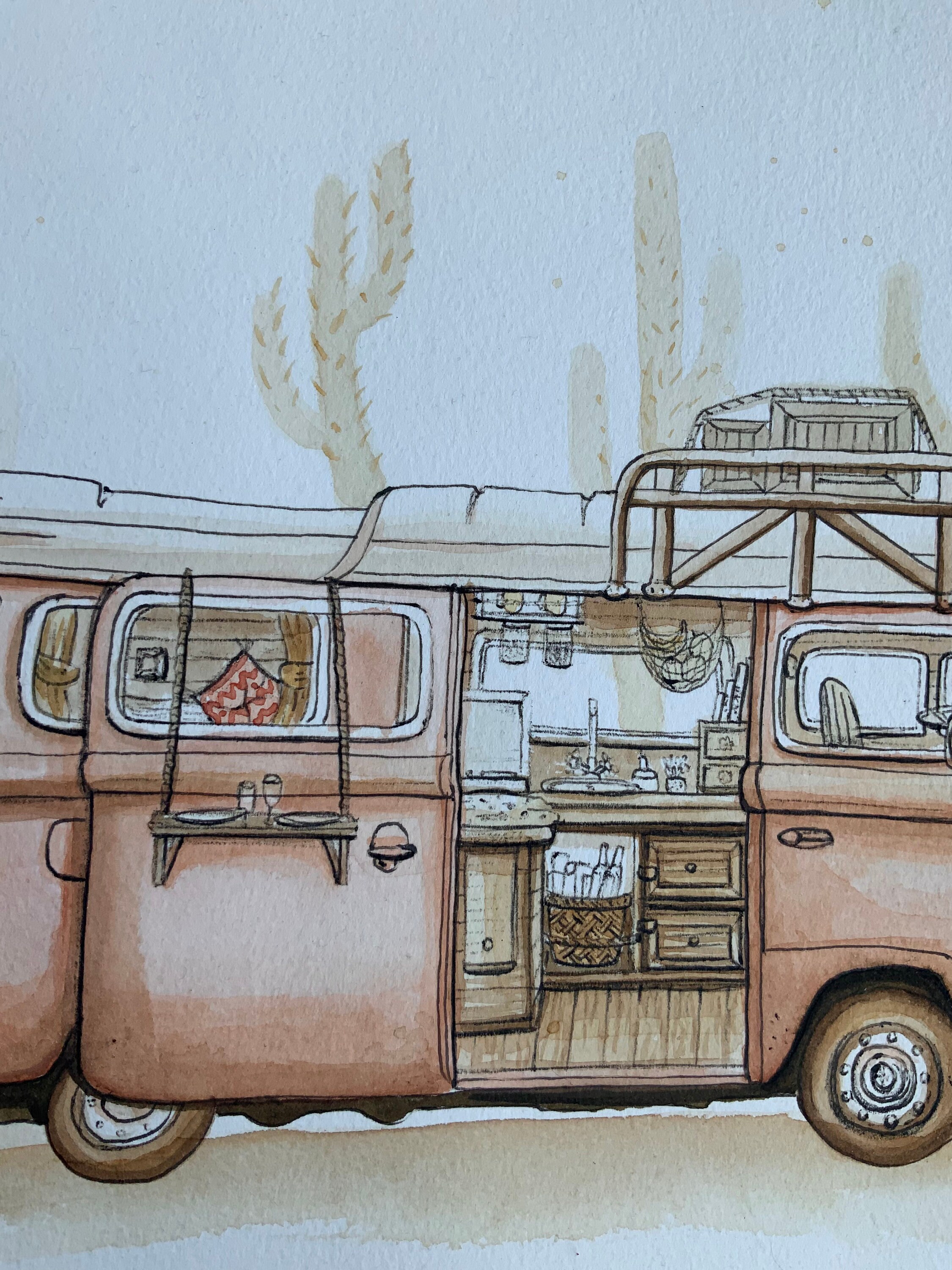 Original Watercolor Bulli Surf Travel Love Boho 24 x 32 cm