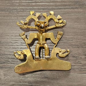 Vintage Alva Museums Replica Studio Gold Tribal Mayan Aztec Bird Man Brooch Pin