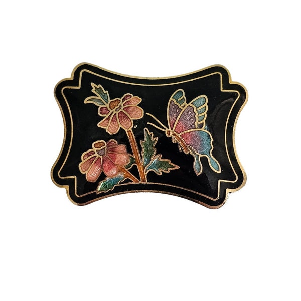 Vintage Cloisonne Scarf Slide Black Enamel with Butterfly and Flowers