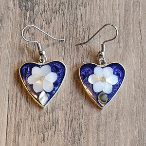 Vintage Alpaca Silver Purple Heart Dangle Earrings with Mother of Pearl Flowers