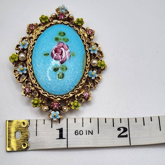 Vintage Art Guilloche Painted Flower Gold Pin - image 4