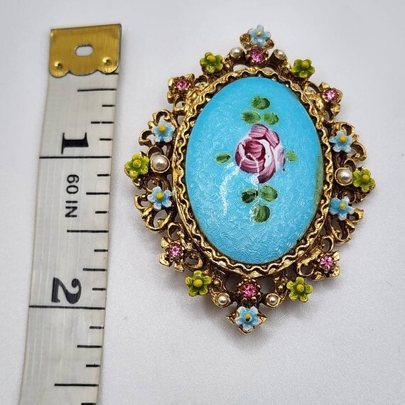 Vintage Art Guilloche Painted Flower Gold Pin - image 5