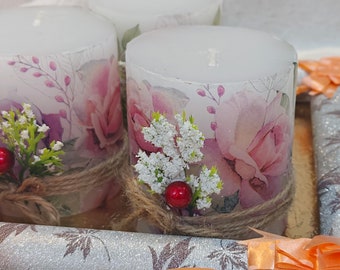 Handgemachte Kerze Decoupage Pillar Paraffinwachs 2er Pack Handgemachtes Geschenk WEIHNACHTEN Geschenk Für Sie Zuhause Geschenk Für Ihn Einzigartige Geschenke zum Valentinstag