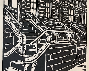 Brooklyn Brownstone Linocut Original Art Print 9x12in