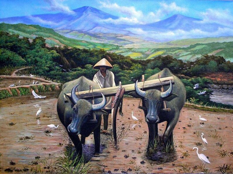Handmade oil painting on canvas on demand, handcrafted wall artwork - Vietnamese Fine art shops - Vietnamese water buffalos in farms 5 Asia farmer