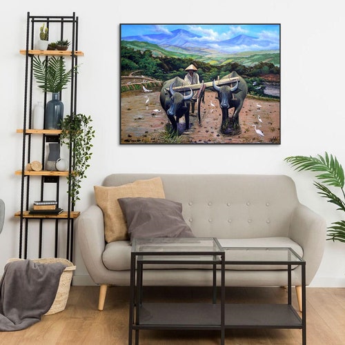 Handmade oil painting on canvas on demand, handcrafted wall artwork - Vietnamese Fine art shops - Vietnamese water buffalos in farms 5 Asia farmer