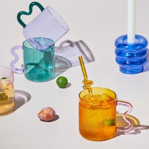 Colorful Glass Mugs & Straws, Mid Century Glass Mug, Wave Handle Coffee Cup, Pastel Glass Mugs, Boho Mugs, Artistry Glass, Squiggle Cute cup