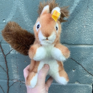 May include: A brown and white stuffed squirrel with a long, bushy tail. The squirrel has a yellow tag on its ear that says "Steiff".