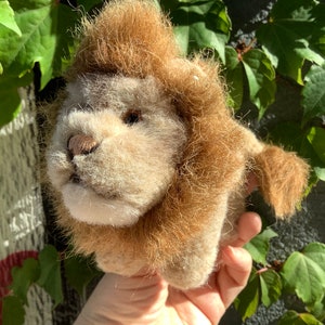 Pode incluir: Um leão de pelúcia marrom com uma juba fofa. O leão tem um rosto branco e olhos castanhos. O leão está sendo segurado em uma mão.