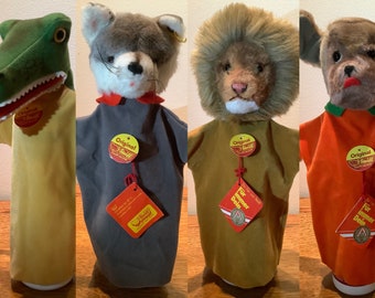 Vintage Steiff Hand Puppets Dog, Croc, Wolf, Lion, sold separately, circa 70s—80s, all tags & buttons