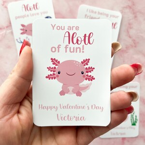 Etiquetas de San Valentín con axolotl, tarjetas de San Valentín con axolotl, tarjetas de San Valentín para el aula, lindas tarjetas de San Valentín, tarjetas de intercambio de San Valentín