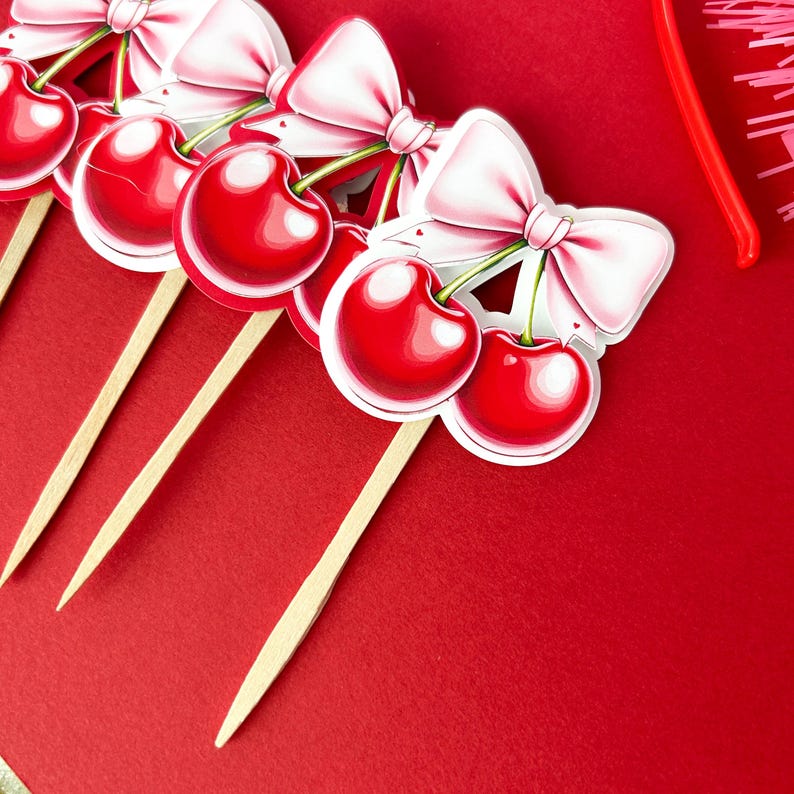 Cherry Cupcake Toppers Girl Birthday Party Decor Cherry Bow Theme Party ...