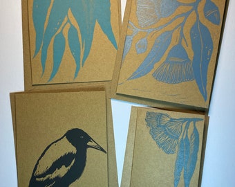 Handmade linocut greetings cards