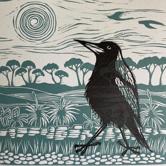 Home Sweet Home - a linocut print of a Magpie in an Australian landscape.