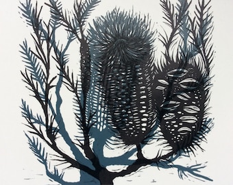 Banksia, an original handmade linocut print