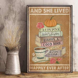 Cartel de otoño - Y ella vivió felizmente después del cartel vertical, cartel de otoño, cartel de libro, cartel de estilo vintage, cartel de papel sin marco