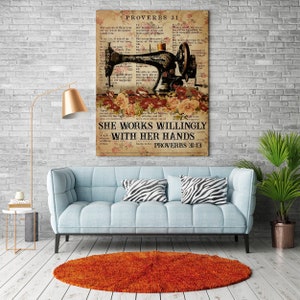 Sewing Poster, She Works Willingly With Her Hands Poster, Sewing Machine Poster, Love Sewing Canvas, Vintage Sewing Poster, Sewing Gift SM1