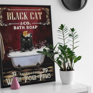 Black Cat & Co. Bath Soap Wash Your Paws Poster, Bathroom Poster, Black Cat Wall Decor, Cat Print, Halloween Poster, Signs for Home