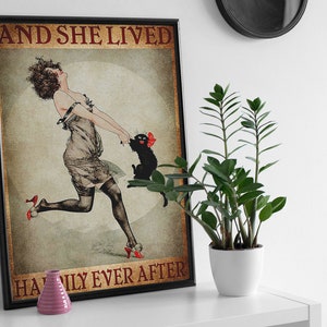 And She Lived Happily Ever After Poster, Black Cat Print, Dance with Cat Poster, Vintage Poster, Wall Decoration, Signs for Home Art Print