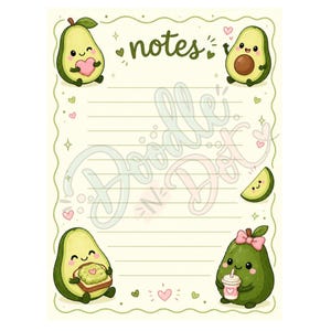 May include: A cream-colored notepad sheet with horizontal lines and a scalloped green border. The page features the text notes at the top and four cartoon avocados in the corners, including one holding a pink heart, one with a pit, one with toast, and one with a drink. Small hearts and sparkles decorate the page.