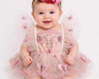 Pink Butterfly Baby Romper, First Birthday Outfit Girl, Cake Smash Outfit, Baby Girl Tutu Romper, Butterfly Birthday Outfit, Fairy Romper