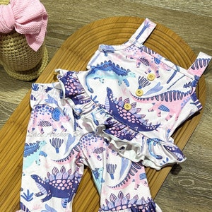 Dinosaur Pink, Purple, Teal, White Baby Girl Outfit | Girls Dino Print Set | 12-18M Peplum Girly Tank and Bell Bottom Pant Set