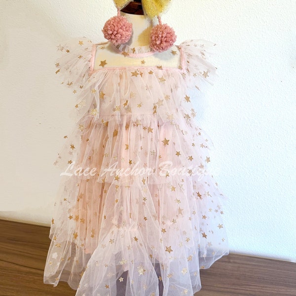 Golden Star Blush Pink Star Tulle Girls Dress - Toddler Girl Second Third Birthday Party  Princess Ruffled Dress