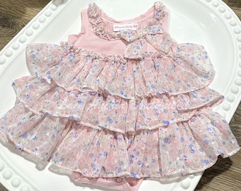 Light Pink Floral Baby Romper | Blush Girls Flower Striped Bow Outfit | 3-6M Stripes Ruffled Dress