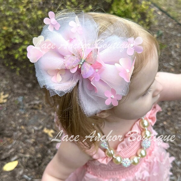 Butterfly Floral Tulle Hair Bows - Light Pink or Blue Toddler Fairy Child Girls Messy Hair Bow - Blush, Light Blue Kids Fluffy Clip Bow