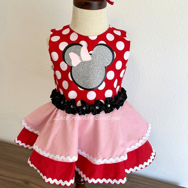 Red and Pink Polka Dot Glitter Mouse Toddler Girl Dress - Floral Silver Rhinestone Baby Girls Dress - Custom Pageant OOC Outfit Set 18-24M