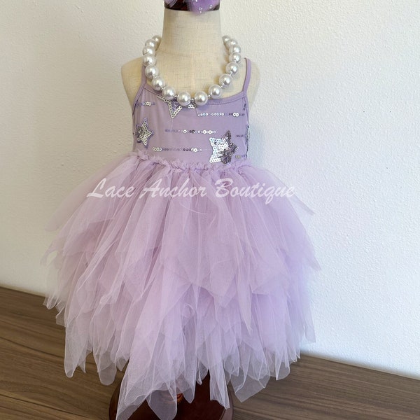 Lilac Purple Sequin Tulle Tutu Girls Dress - Silver Star Toddler Girl Third Party Outfit - Princess Fourth Birthday Girls Ruffled Dress