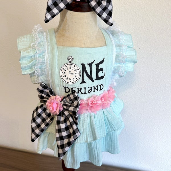 ONEderland Birthday Baby Girls Romper - Girl Alice in Onederland Photoshoot Cake Smash Outfit - Blue Tea Party Photo Costume Dress