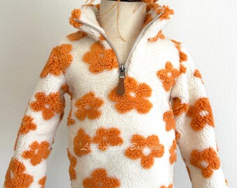 Burnt Orange Floral Sherpa Pullover Jacket White and Rust Flower Print Boho Plush Coat